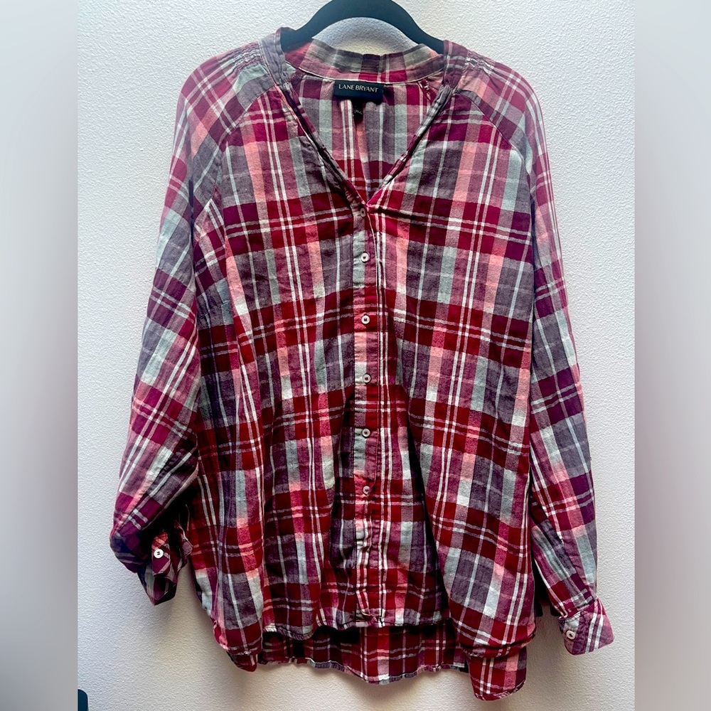 Lane Bryant V-Neck Red/Pink/Gray Plaid Blouse Button Front - Size 22/24